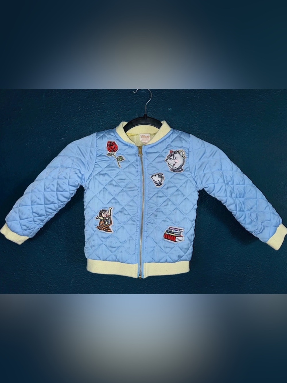 Disney Light Blue Quilted Beauty & the Beast Patch Bomber Jacket with Cream Trim